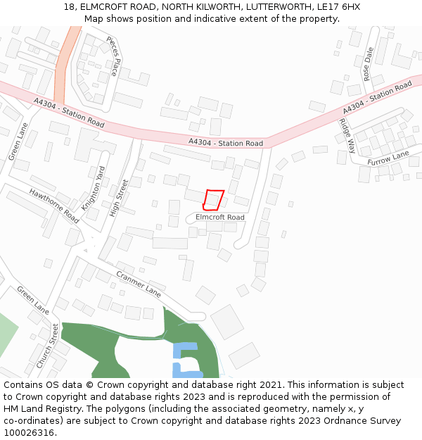 18, ELMCROFT ROAD, NORTH KILWORTH, LUTTERWORTH, LE17 6HX: Location map and indicative extent of plot