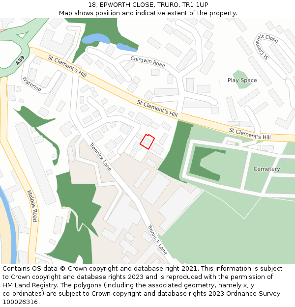 18, EPWORTH CLOSE, TRURO, TR1 1UP: Location map and indicative extent of plot
