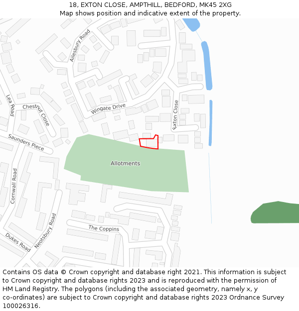 18, EXTON CLOSE, AMPTHILL, BEDFORD, MK45 2XG: Location map and indicative extent of plot