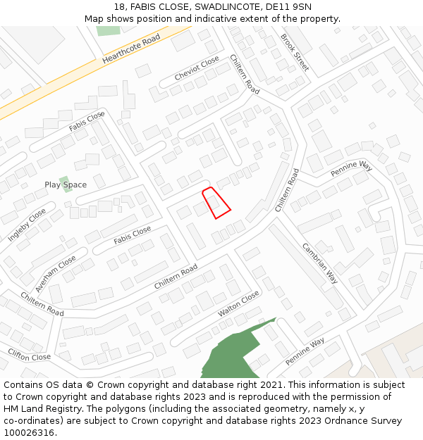18, FABIS CLOSE, SWADLINCOTE, DE11 9SN: Location map and indicative extent of plot
