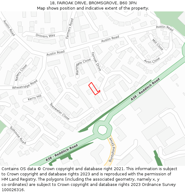 18, FAIROAK DRIVE, BROMSGROVE, B60 3PN: Location map and indicative extent of plot