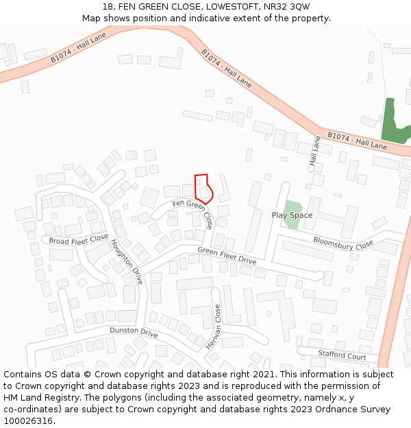 18, FEN GREEN CLOSE, LOWESTOFT, NR32 3QW: Location map and indicative extent of plot