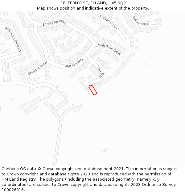 18, FERN RISE, ELLAND, HX5 9QP: Location map and indicative extent of plot