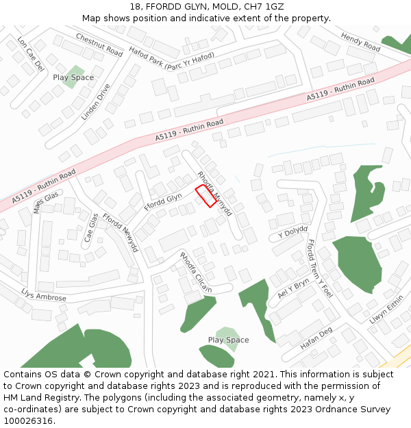 18, FFORDD GLYN, MOLD, CH7 1GZ: Location map and indicative extent of plot