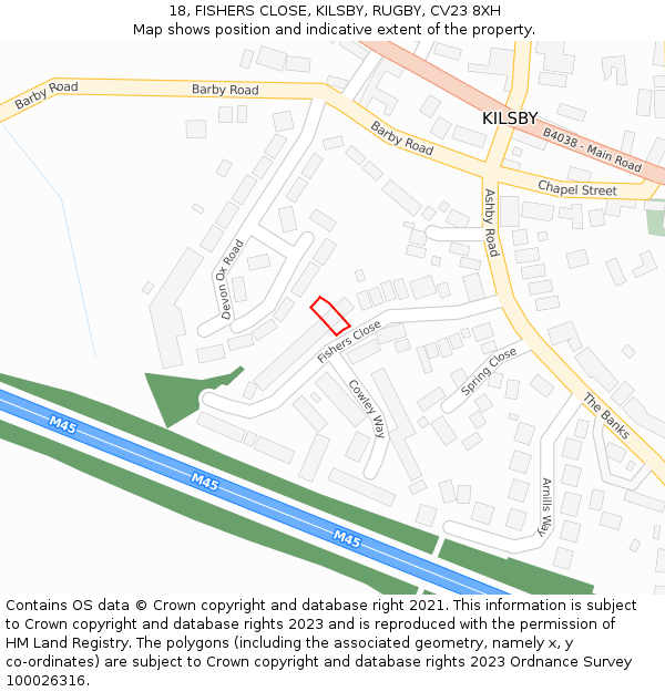 18, FISHERS CLOSE, KILSBY, RUGBY, CV23 8XH: Location map and indicative extent of plot