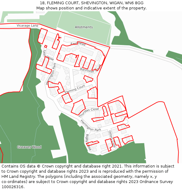18, FLEMING COURT, SHEVINGTON, WIGAN, WN6 8GG: Location map and indicative extent of plot
