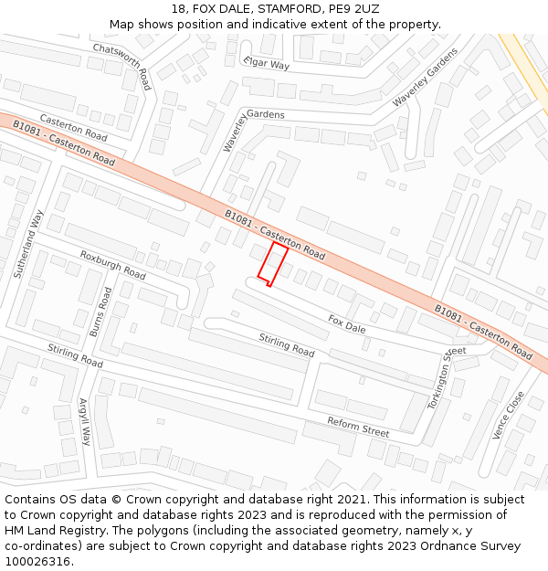 18, FOX DALE, STAMFORD, PE9 2UZ: Location map and indicative extent of plot