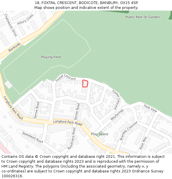 18, FOXTAIL CRESCENT, BODICOTE, BANBURY, OX15 4SP: Location map and indicative extent of plot
