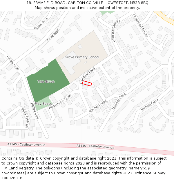 18, FRAMFIELD ROAD, CARLTON COLVILLE, LOWESTOFT, NR33 8RQ: Location map and indicative extent of plot