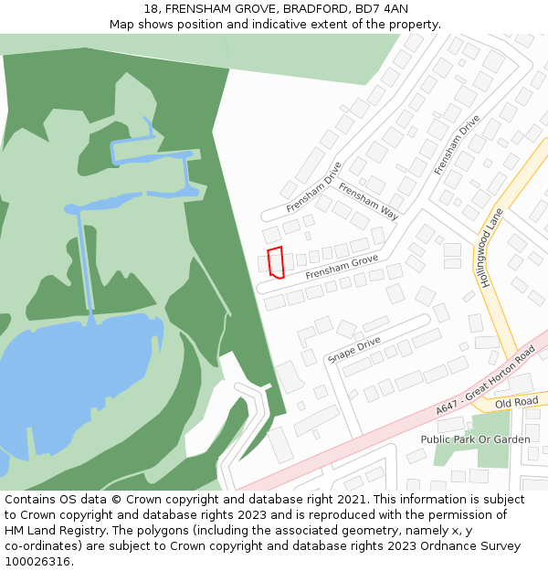 18, FRENSHAM GROVE, BRADFORD, BD7 4AN: Location map and indicative extent of plot