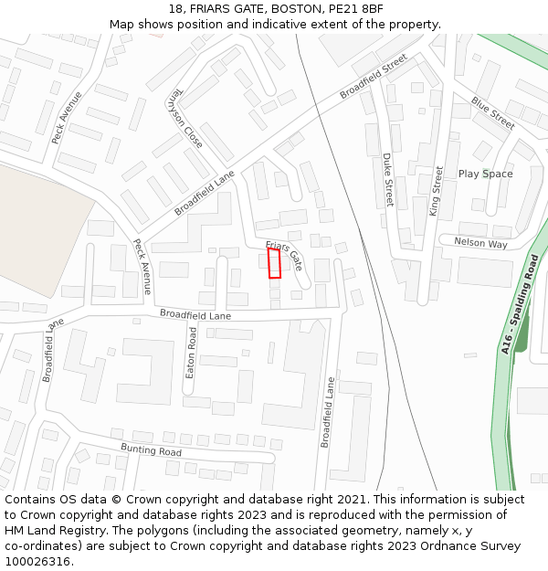 18, FRIARS GATE, BOSTON, PE21 8BF: Location map and indicative extent of plot