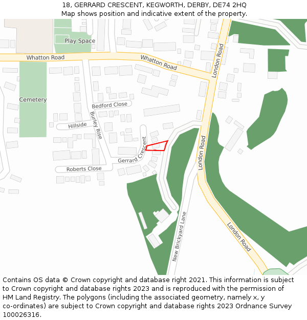 18, GERRARD CRESCENT, KEGWORTH, DERBY, DE74 2HQ: Location map and indicative extent of plot