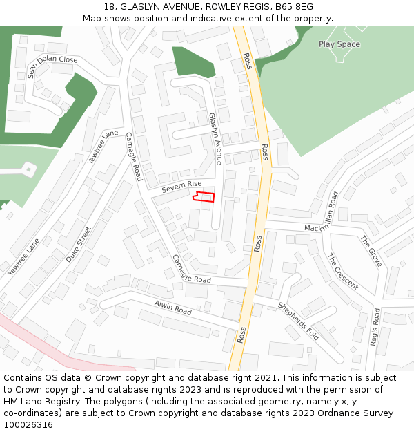18, GLASLYN AVENUE, ROWLEY REGIS, B65 8EG: Location map and indicative extent of plot
