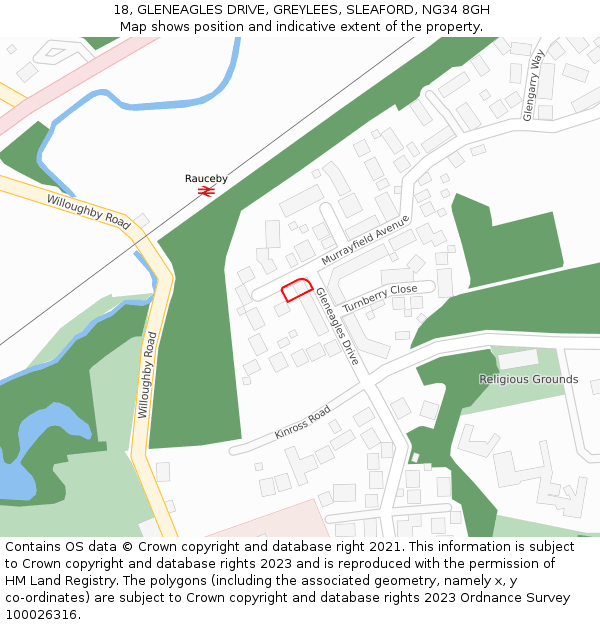 18, GLENEAGLES DRIVE, GREYLEES, SLEAFORD, NG34 8GH: Location map and indicative extent of plot