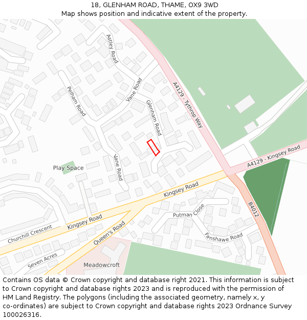 18, GLENHAM ROAD, THAME, OX9 3WD: Location map and indicative extent of plot