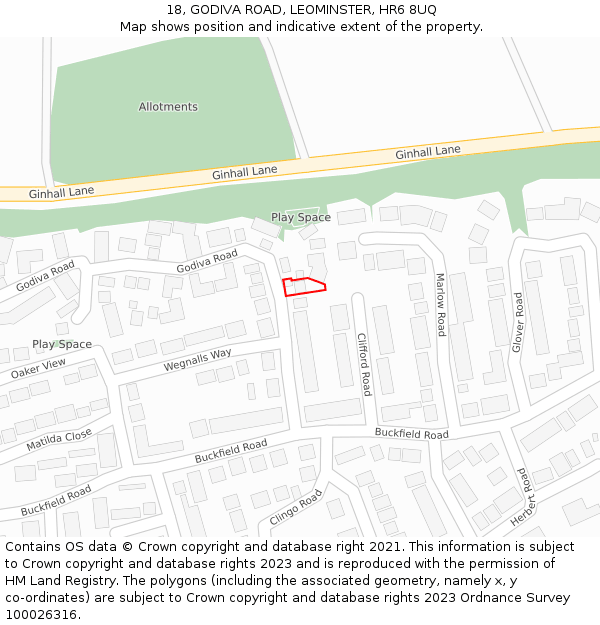 18, GODIVA ROAD, LEOMINSTER, HR6 8UQ: Location map and indicative extent of plot