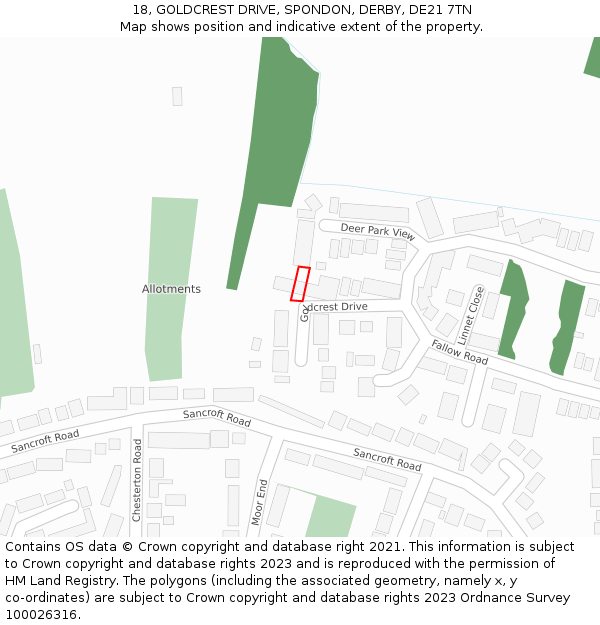 18, GOLDCREST DRIVE, SPONDON, DERBY, DE21 7TN: Location map and indicative extent of plot