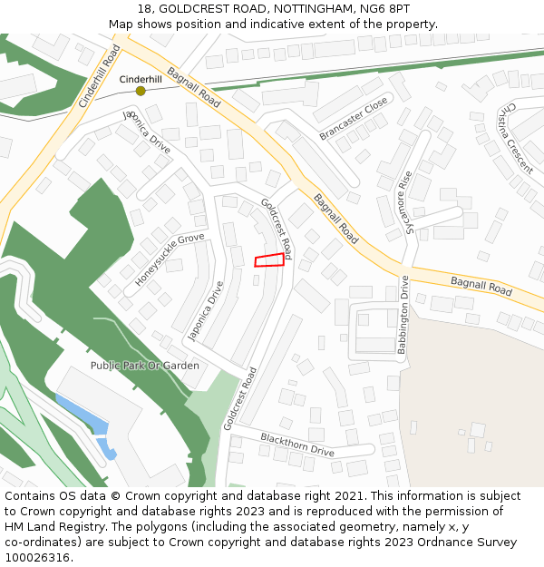 18, GOLDCREST ROAD, NOTTINGHAM, NG6 8PT: Location map and indicative extent of plot
