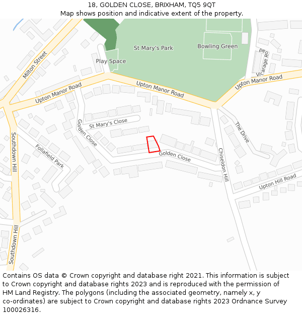 18, GOLDEN CLOSE, BRIXHAM, TQ5 9QT: Location map and indicative extent of plot