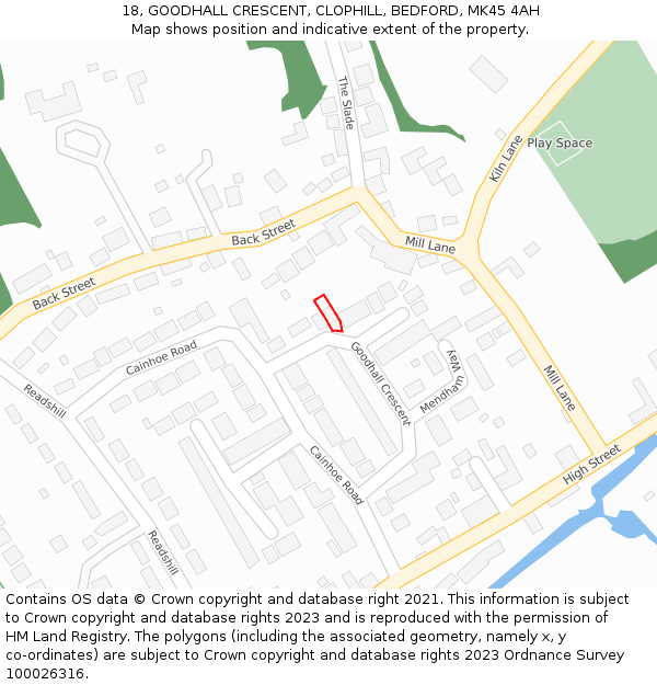 18, GOODHALL CRESCENT, CLOPHILL, BEDFORD, MK45 4AH: Location map and indicative extent of plot