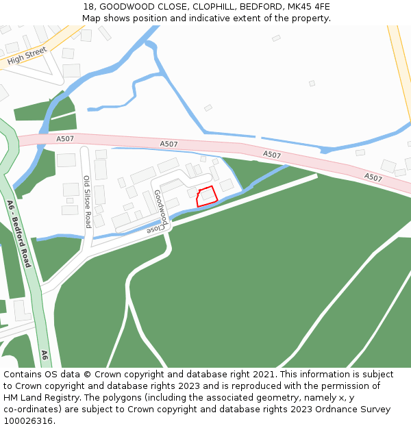 18, GOODWOOD CLOSE, CLOPHILL, BEDFORD, MK45 4FE: Location map and indicative extent of plot