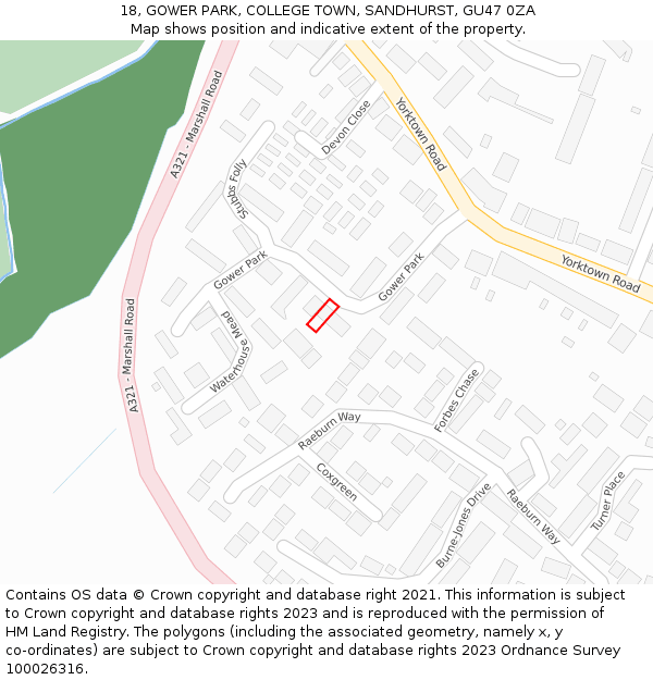 18, GOWER PARK, COLLEGE TOWN, SANDHURST, GU47 0ZA: Location map and indicative extent of plot