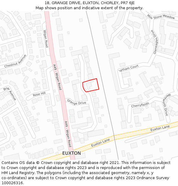 18, GRANGE DRIVE, EUXTON, CHORLEY, PR7 6JE: Location map and indicative extent of plot