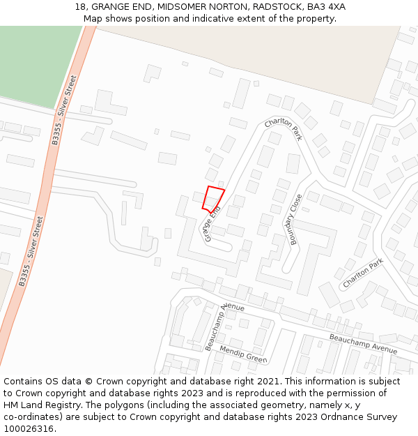 18, GRANGE END, MIDSOMER NORTON, RADSTOCK, BA3 4XA: Location map and indicative extent of plot