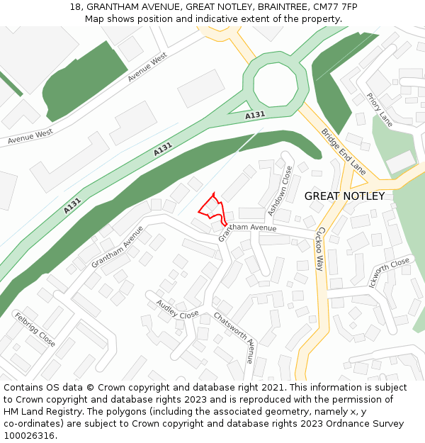 18, GRANTHAM AVENUE, GREAT NOTLEY, BRAINTREE, CM77 7FP: Location map and indicative extent of plot