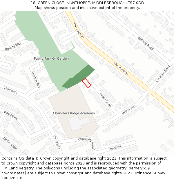 18, GREEN CLOSE, NUNTHORPE, MIDDLESBROUGH, TS7 0DD: Location map and indicative extent of plot