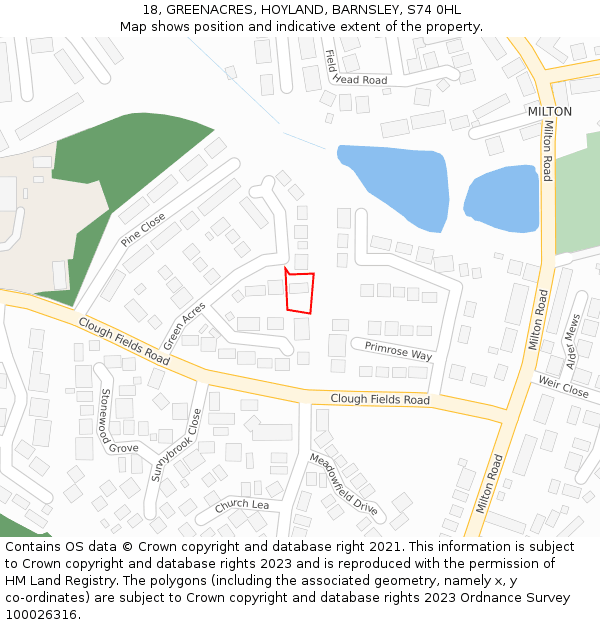 18, GREENACRES, HOYLAND, BARNSLEY, S74 0HL: Location map and indicative extent of plot