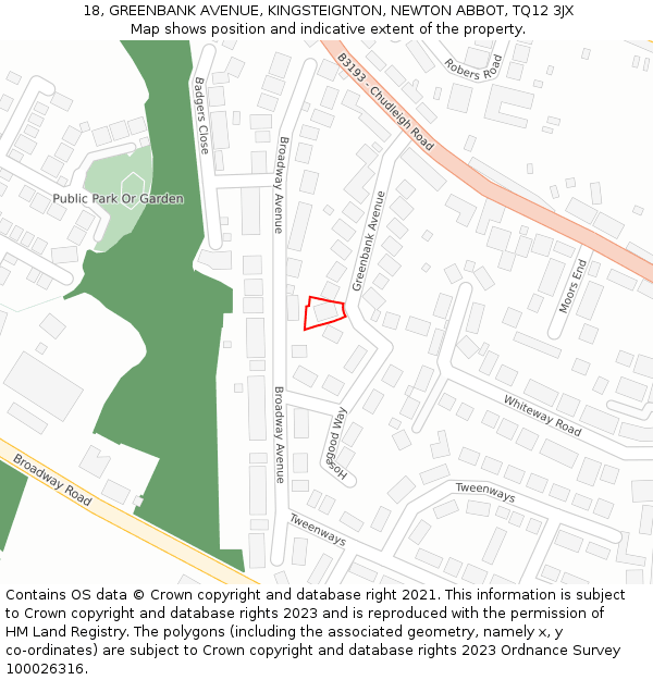 18, GREENBANK AVENUE, KINGSTEIGNTON, NEWTON ABBOT, TQ12 3JX: Location map and indicative extent of plot