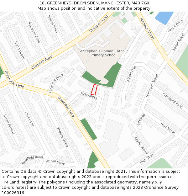 18, GREENHEYS, DROYLSDEN, MANCHESTER, M43 7GX: Location map and indicative extent of plot