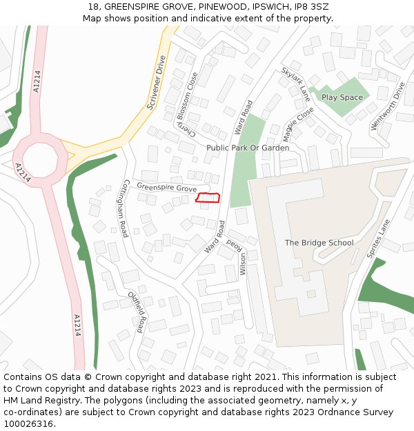18, GREENSPIRE GROVE, PINEWOOD, IPSWICH, IP8 3SZ: Location map and indicative extent of plot
