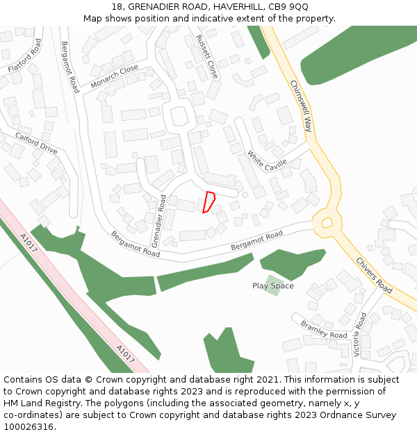 18, GRENADIER ROAD, HAVERHILL, CB9 9QQ: Location map and indicative extent of plot