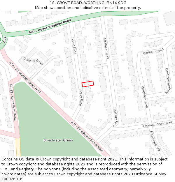 18, GROVE ROAD, WORTHING, BN14 9DG: Location map and indicative extent of plot