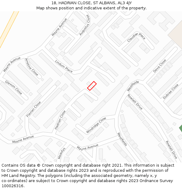 18, HADRIAN CLOSE, ST ALBANS, AL3 4JY: Location map and indicative extent of plot