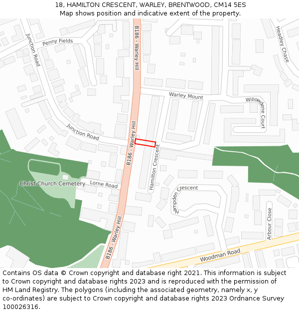 18, HAMILTON CRESCENT, WARLEY, BRENTWOOD, CM14 5ES: Location map and indicative extent of plot