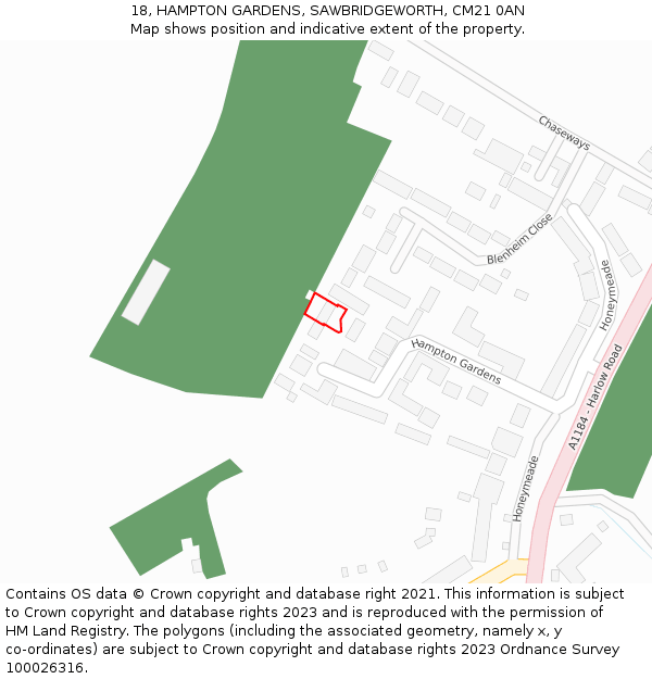 18, HAMPTON GARDENS, SAWBRIDGEWORTH, CM21 0AN: Location map and indicative extent of plot