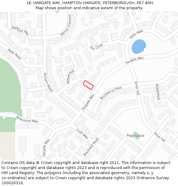 18, HARGATE WAY, HAMPTON HARGATE, PETERBOROUGH, PE7 8AN: Location map and indicative extent of plot