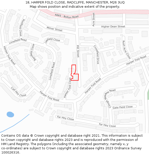 18, HARPER FOLD CLOSE, RADCLIFFE, MANCHESTER, M26 3UQ: Location map and indicative extent of plot