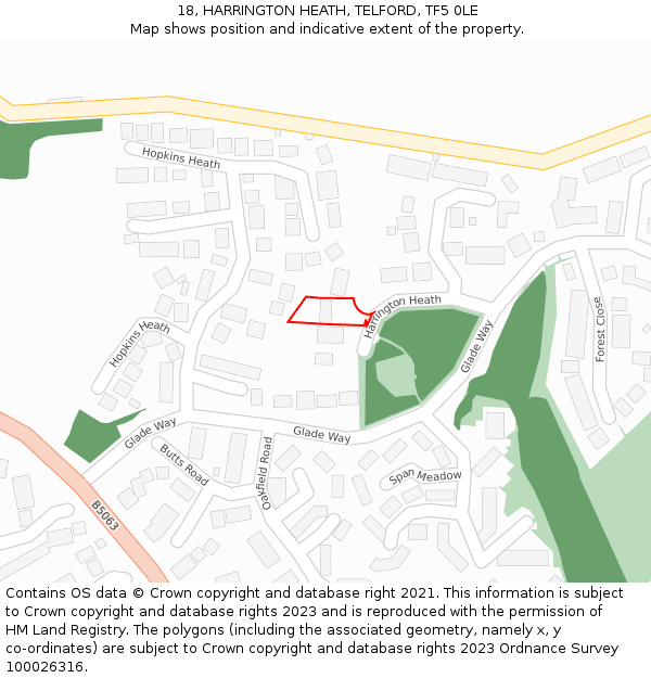 18, HARRINGTON HEATH, TELFORD, TF5 0LE: Location map and indicative extent of plot