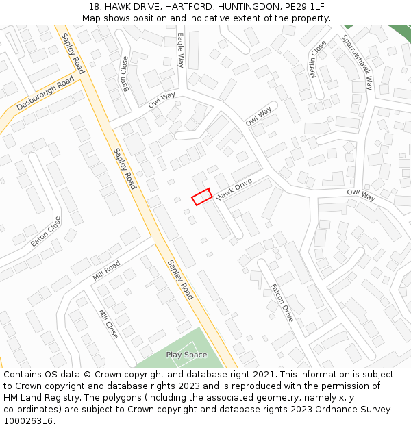 18, HAWK DRIVE, HARTFORD, HUNTINGDON, PE29 1LF: Location map and indicative extent of plot