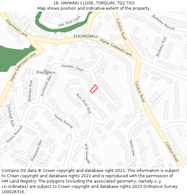 18, HAYWAIN CLOSE, TORQUAY, TQ2 7SG: Location map and indicative extent of plot