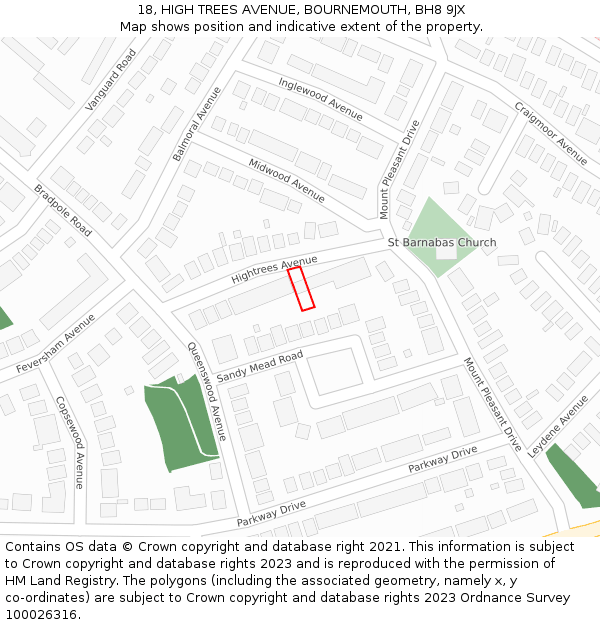 18, HIGH TREES AVENUE, BOURNEMOUTH, BH8 9JX: Location map and indicative extent of plot