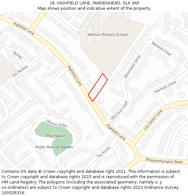 18, HIGHFIELD LANE, MAIDENHEAD, SL6 3AP: Location map and indicative extent of plot