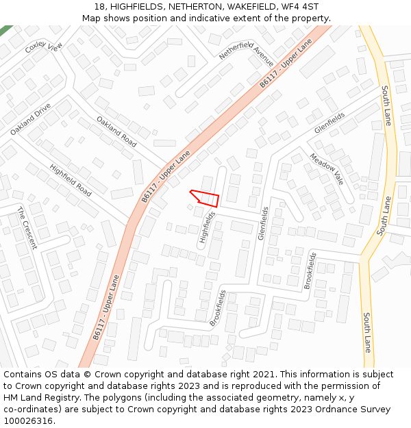 18, HIGHFIELDS, NETHERTON, WAKEFIELD, WF4 4ST: Location map and indicative extent of plot
