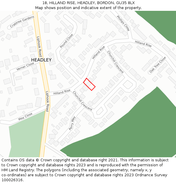 18, HILLAND RISE, HEADLEY, BORDON, GU35 8LX: Location map and indicative extent of plot