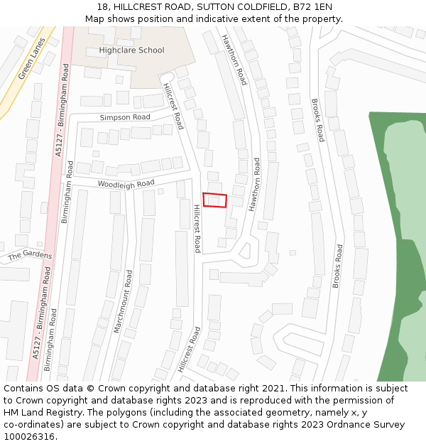 18, HILLCREST ROAD, SUTTON COLDFIELD, B72 1EN: Location map and indicative extent of plot