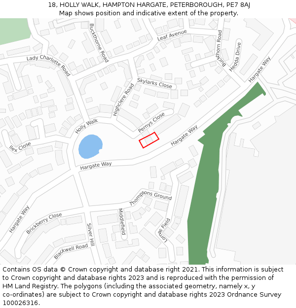 18, HOLLY WALK, HAMPTON HARGATE, PETERBOROUGH, PE7 8AJ: Location map and indicative extent of plot
